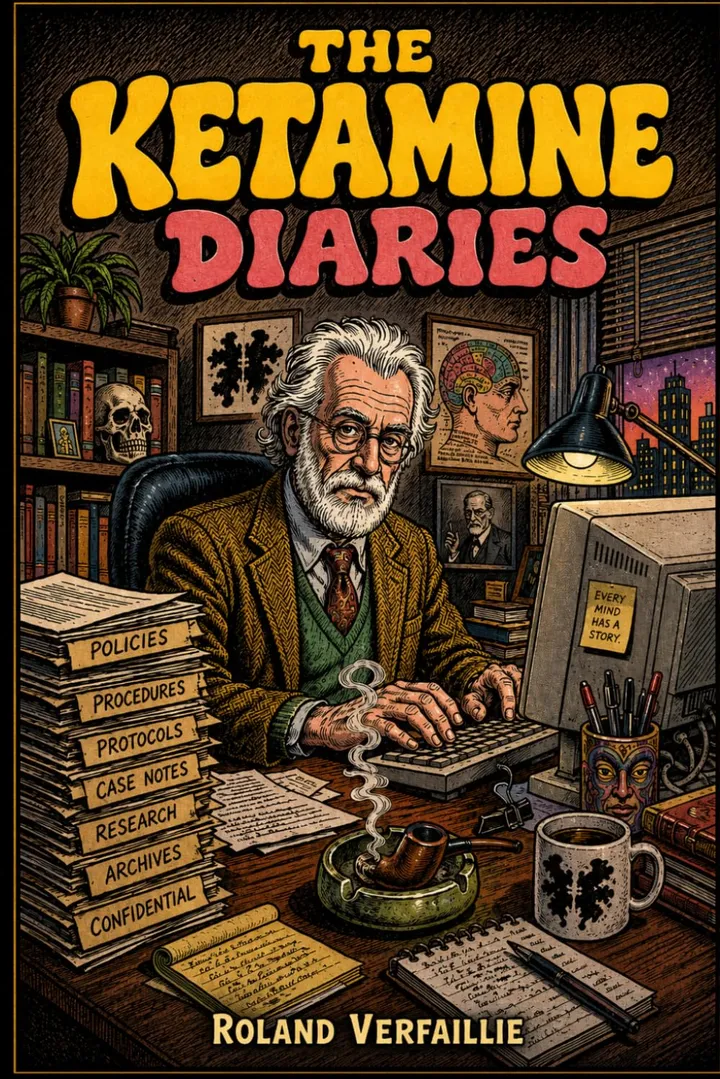 Cover of The Ketamine Diaries: an illustrated older man at a cluttered desk surrounded by stacks of files labeled policies, procedures, protocols, and case notes